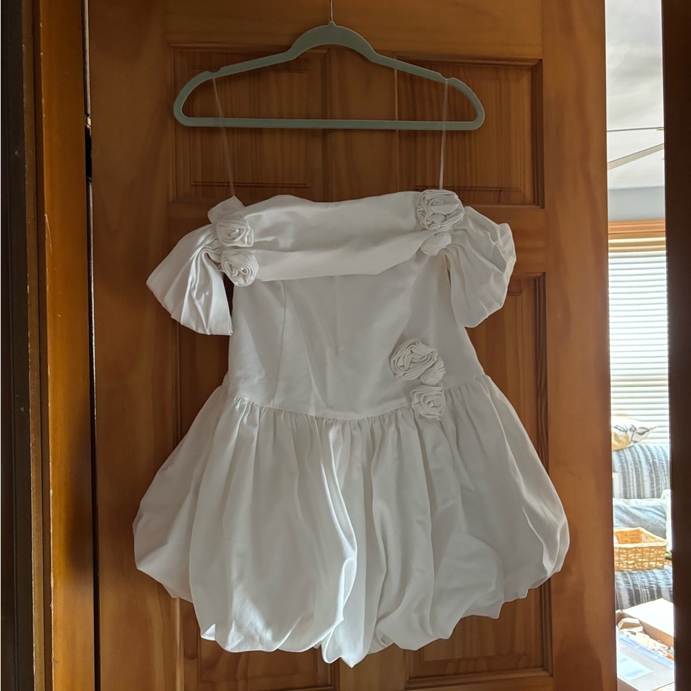 White Off-Shoulder Dress with Floral Accents